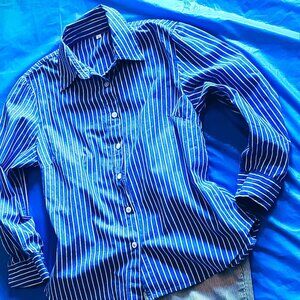 WOMEN'S COTTON BLUE & WHITE BUTTON-DOWN SHIRT, SZ MED